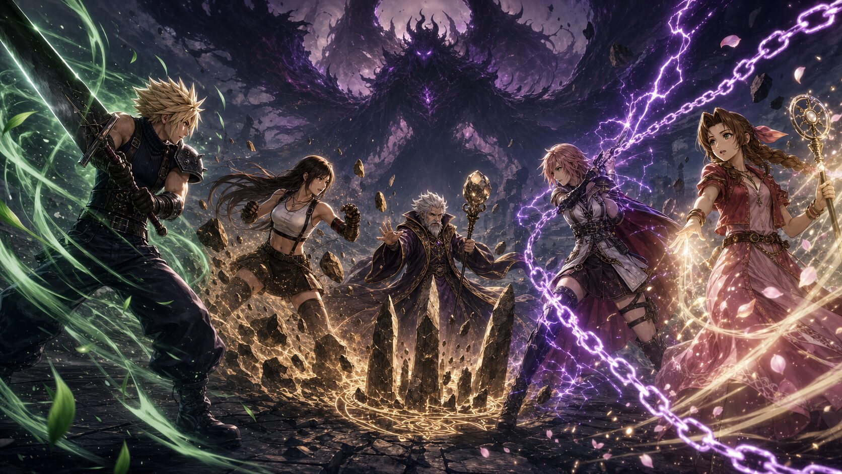 FFRK 5名編成でクラウド ティファ テラ ライトニング エアリスの役割を示すバトル画像
