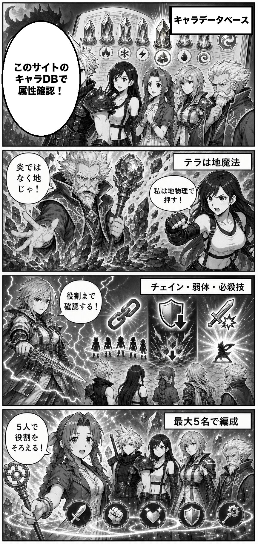 このサイトのキャラクター性能評価データベースで得意属性を確認するFFRK編成解説画像